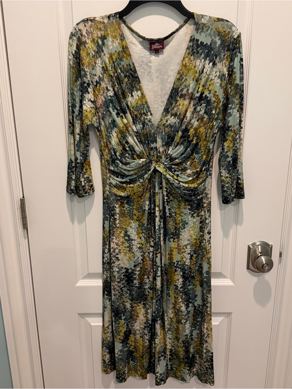 Women’s Salaam Artsy Dress Size L Rayon Knit Long Sleeve Rouching Flowy